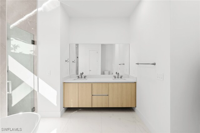 bathroom featuring vanity and plus walk in shower