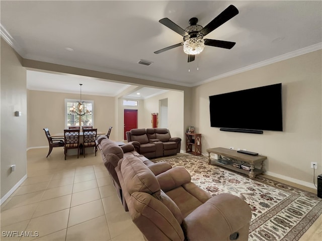 tiled living room featuring ceiling fan with notable chandelier and crown molding