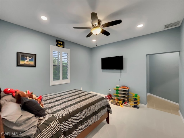 carpeted bedroom with ceiling fan