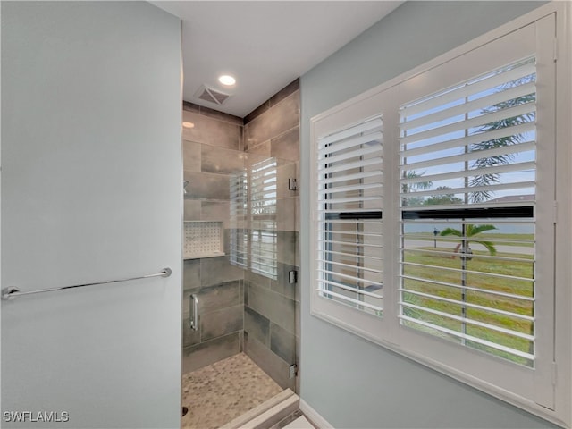 bathroom featuring plenty of natural light and a shower with door