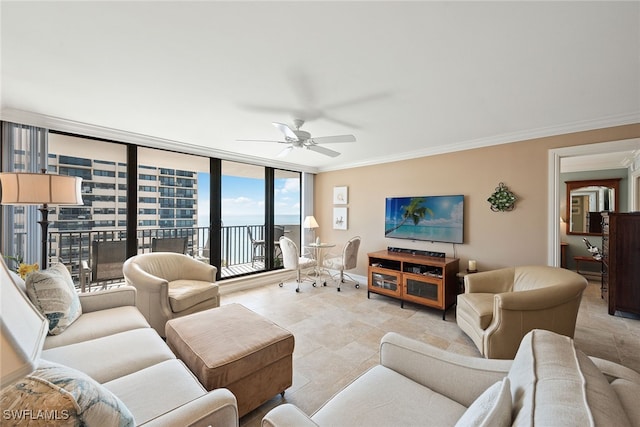 living room with ceiling fan, a wall of windows, and ornamental molding