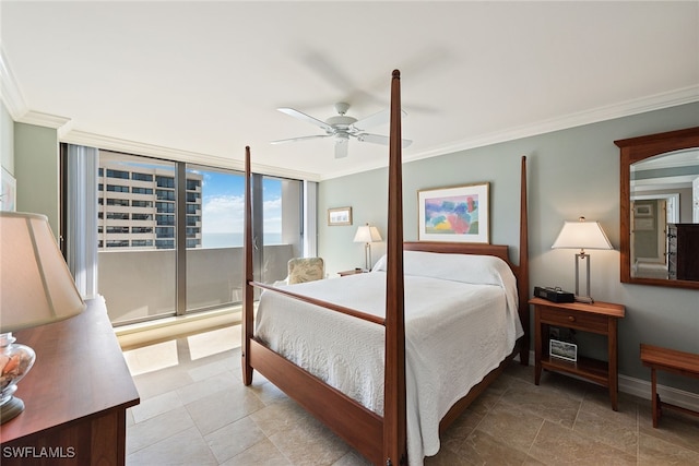 bedroom with ceiling fan, crown molding, and a water view