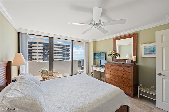 bedroom featuring access to exterior, ceiling fan, and ornamental molding