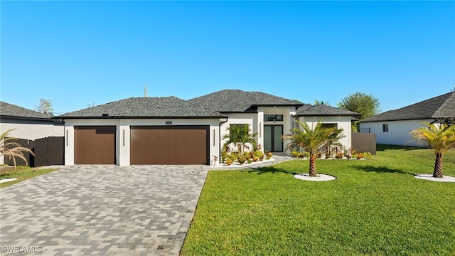 prairie-style house featuring decorative driveway, stucco siding, fence, a garage, and a front lawn