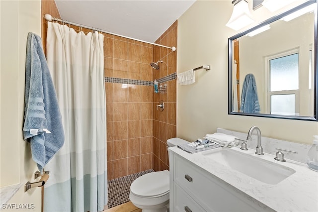 bathroom featuring vanity, toilet, and walk in shower