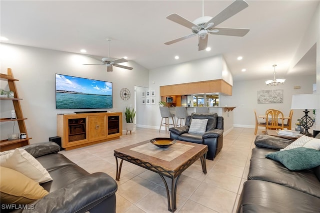 living room featuring light tile patterned floors, ceiling fan with notable chandelier, and high vaulted ceiling