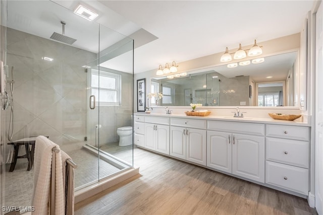 bathroom featuring hardwood / wood-style floors, vanity, a shower with door, and a wealth of natural light