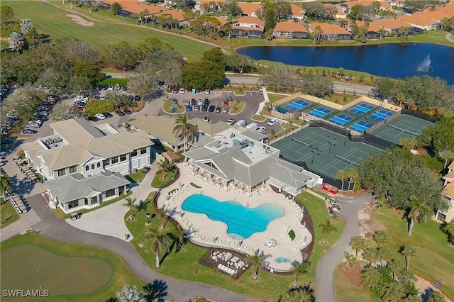 bird's eye view featuring a water view, a residential view, and golf course view