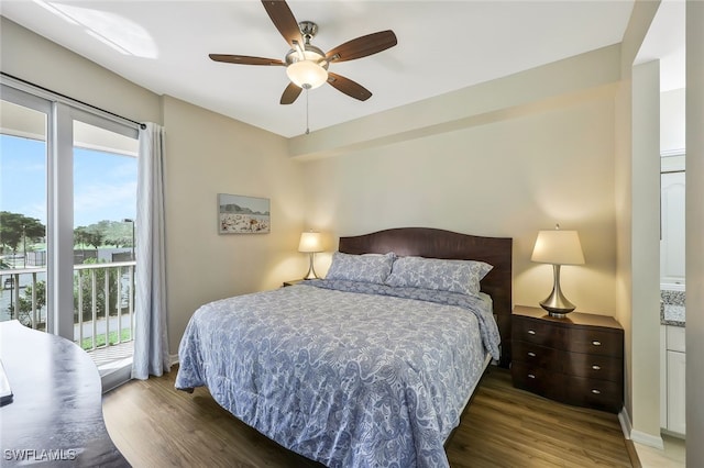 bedroom featuring ceiling fan, access to outside, dark wood finished floors, and baseboards