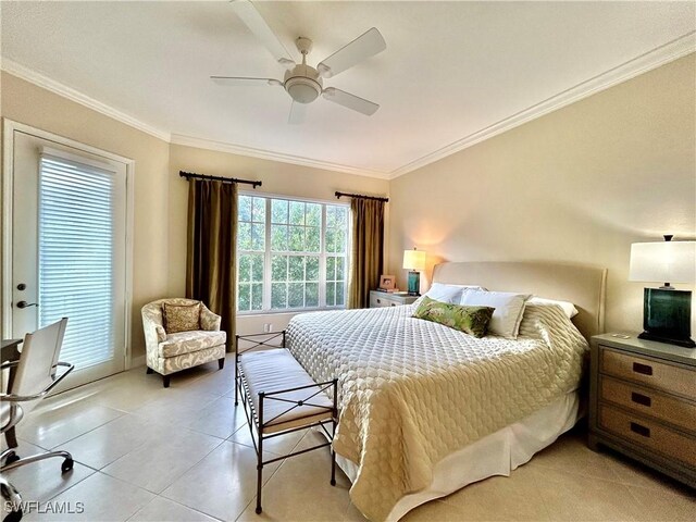 tiled bedroom featuring ornamental molding and ceiling fan