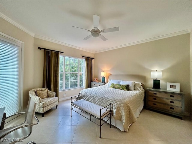 tiled bedroom with ceiling fan and ornamental molding