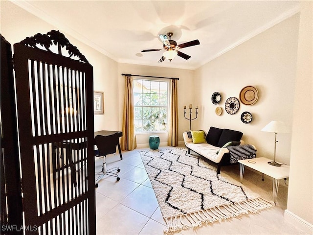 tiled office space featuring crown molding and ceiling fan