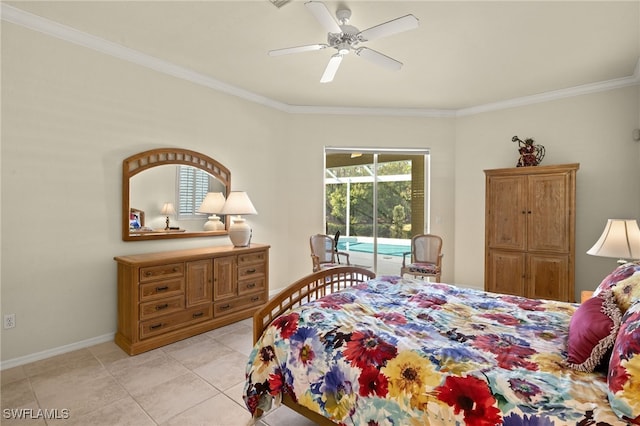 bedroom featuring ceiling fan, light tile patterned floors, ornamental molding, and access to outside