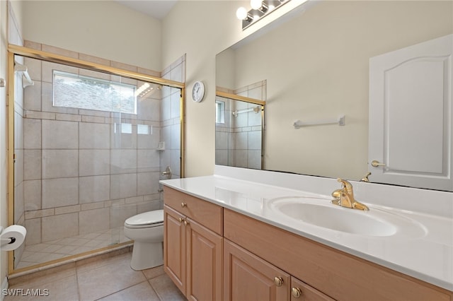 bathroom featuring tile patterned floors, vanity, toilet, and an enclosed shower