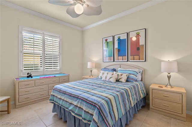 tiled bedroom featuring ceiling fan and ornamental molding