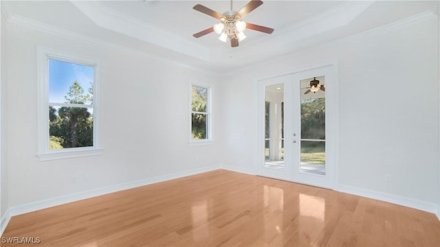 spare room with a raised ceiling, crown molding, and light hardwood / wood-style floors