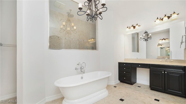 bathroom featuring tile patterned floors, vanity, independent shower and bath, and a notable chandelier