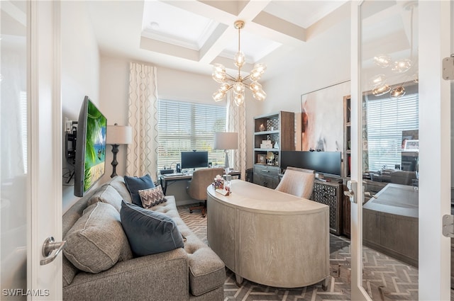 home office with a notable chandelier, beam ceiling, crown molding, and coffered ceiling