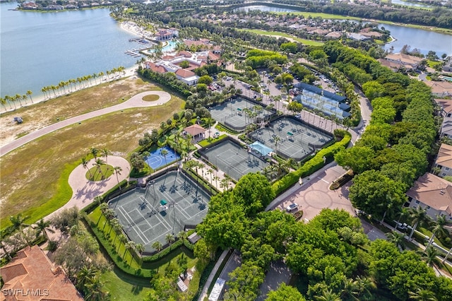 drone / aerial view with a water view