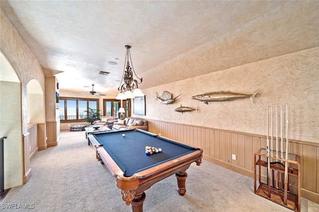 playroom featuring light carpet, vaulted ceiling, ceiling fan, and pool table