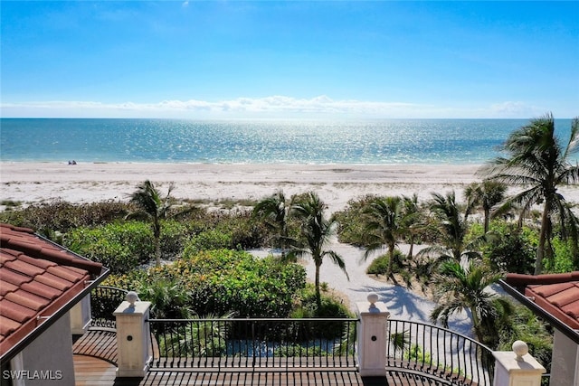 view of water feature with a beach view