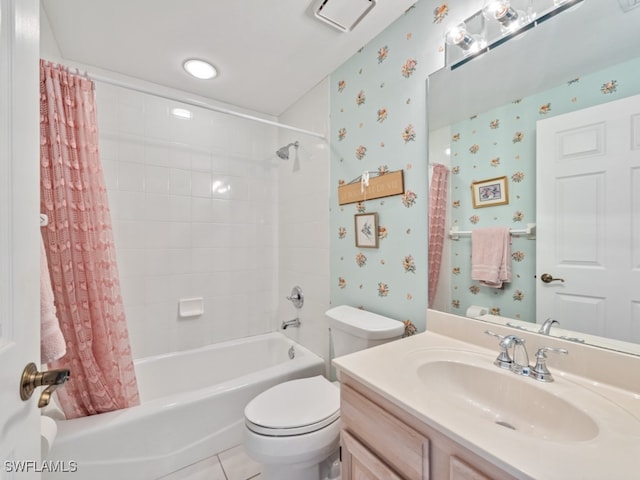 full bathroom featuring tile patterned flooring, vanity, shower / bath combo, and toilet