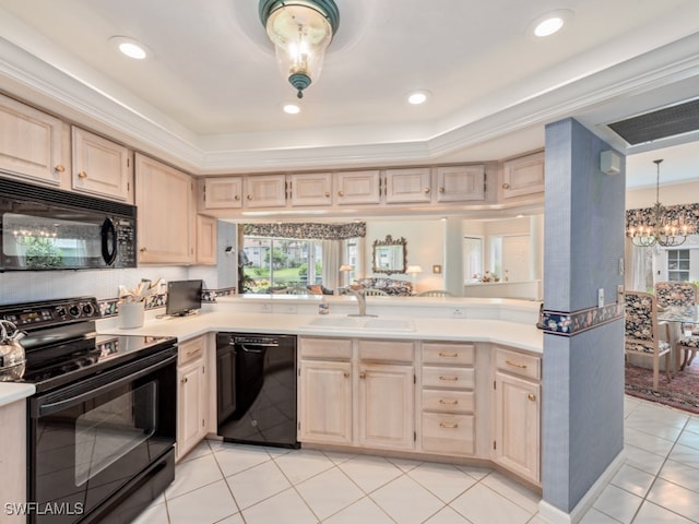 kitchen with light brown cabinetry, sink, black appliances, a chandelier, and light tile patterned flooring