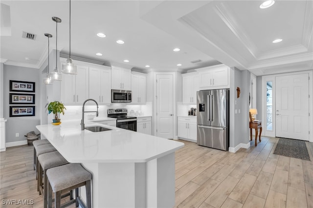 kitchen with sink, white cabinets, light hardwood / wood-style floors, and appliances with stainless steel finishes