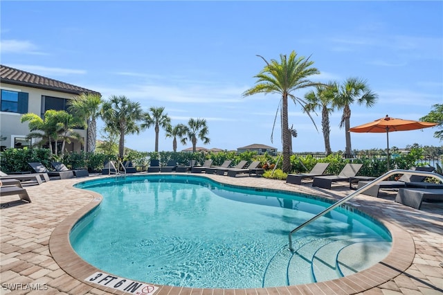 view of swimming pool featuring a patio area