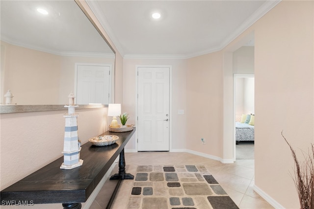 hallway featuring light tile patterned floors and crown molding