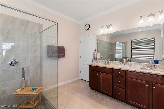 bathroom with tile patterned flooring, ornamental molding, and tiled shower