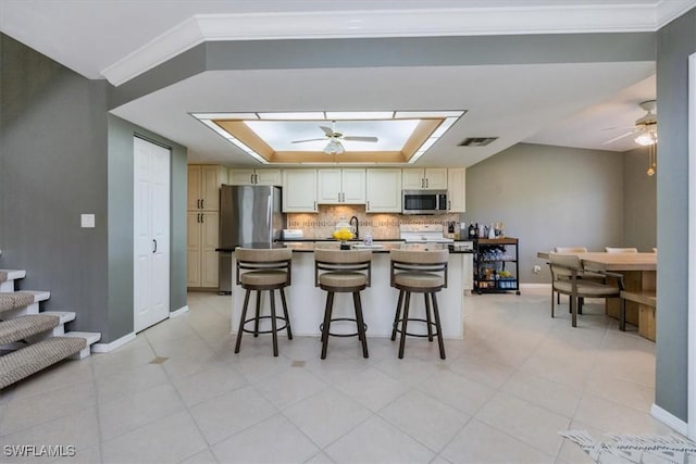 kitchen with a ceiling fan, ornamental molding, a tray ceiling, stainless steel appliances, and backsplash