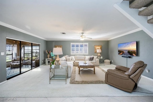 27790 Hacienda E Blvd Unit 206B, Bonita Springs, FL 34135 - tiled living area with ornamental molding, a ceiling fan, and baseboards