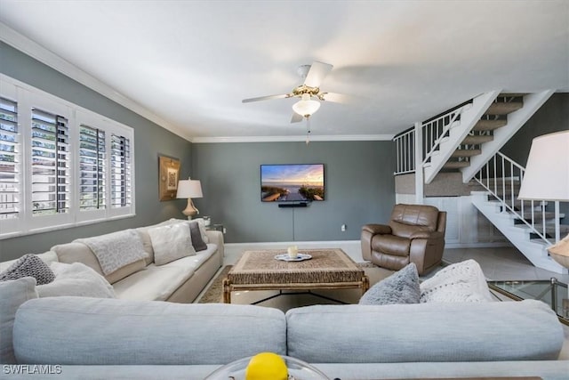 27790 Hacienda E Blvd Unit 206B, Bonita Springs, FL 34135 - living room featuring stairway, crown molding, ceiling fan, and baseboards