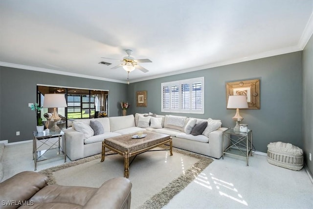 27790 Hacienda E Blvd Unit 206B, Bonita Springs, FL 34135 - carpeted living area featuring ceiling fan, ornamental molding, and baseboards