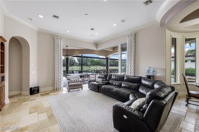 living room with crown molding