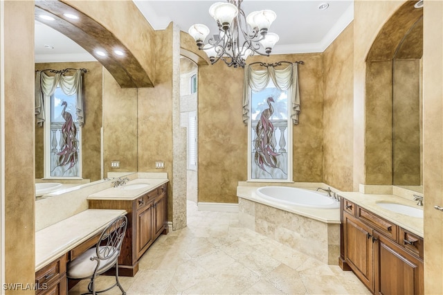 bathroom featuring vanity, tiled bath, an inviting chandelier, and ornamental molding