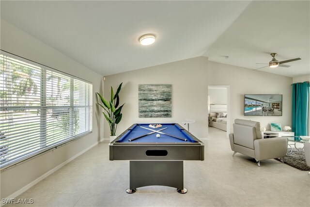 rec room with vaulted ceiling, ceiling fan, and pool table