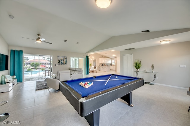 rec room with ceiling fan, light tile patterned flooring, lofted ceiling, and billiards