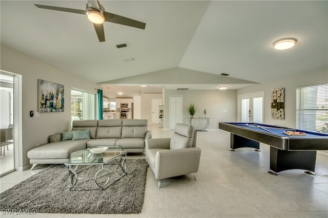 game room featuring ceiling fan, lofted ceiling, and billiards