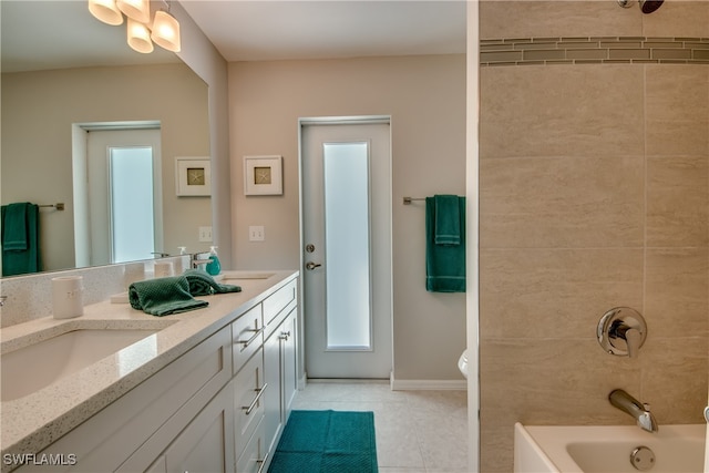 full bathroom with toilet, vanity, bathing tub / shower combination, and tile patterned floors