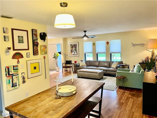 living room with ceiling fan and hardwood / wood-style floors