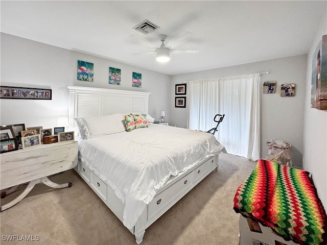 carpeted bedroom featuring ceiling fan