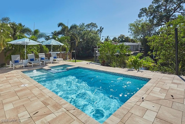 view of pool with an in ground hot tub and a patio