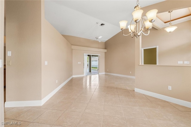 tiled empty room with ceiling fan with notable chandelier and vaulted ceiling