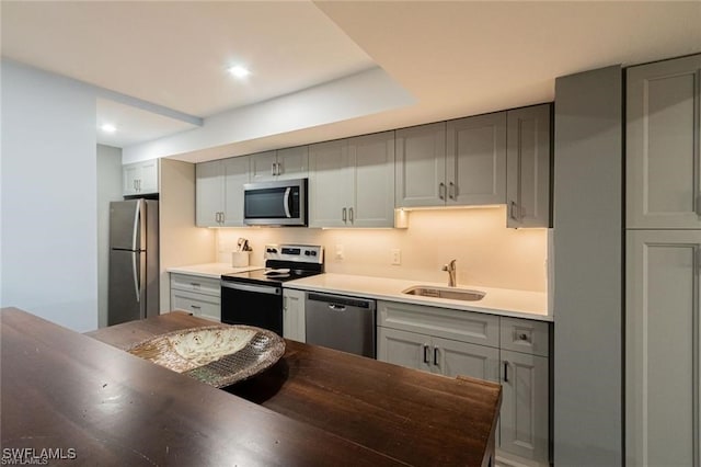 kitchen featuring gray cabinets, sink, and appliances with stainless steel finishes