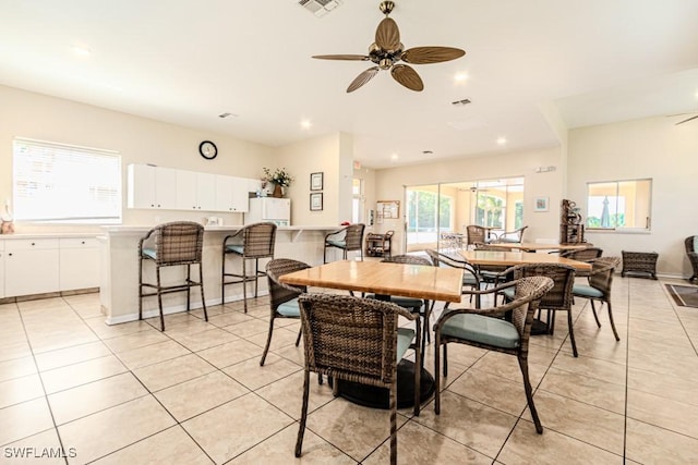 dining area featuring recessed lighting, visible vents, ceiling fan, and light tile patterned flooring