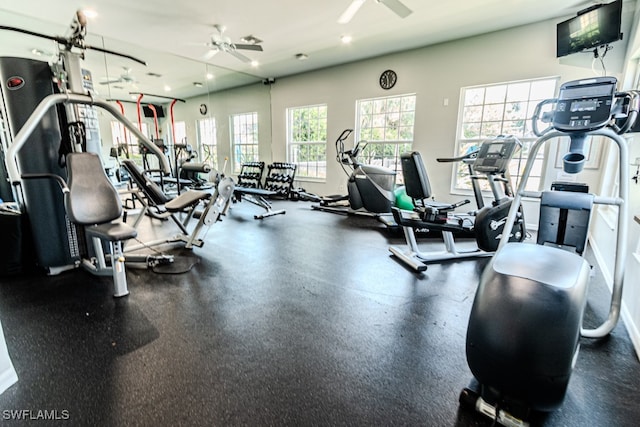 workout area with recessed lighting and ceiling fan