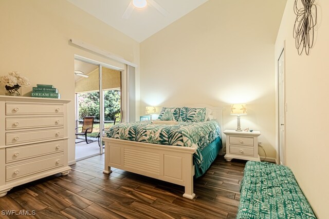 bedroom with a ceiling fan, access to outside, dark wood finished floors, and lofted ceiling