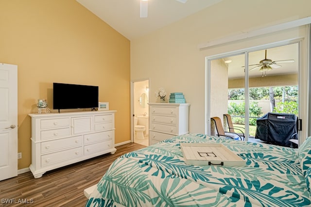 bedroom with high vaulted ceiling, dark wood-type flooring, a ceiling fan, access to outside, and ensuite bath